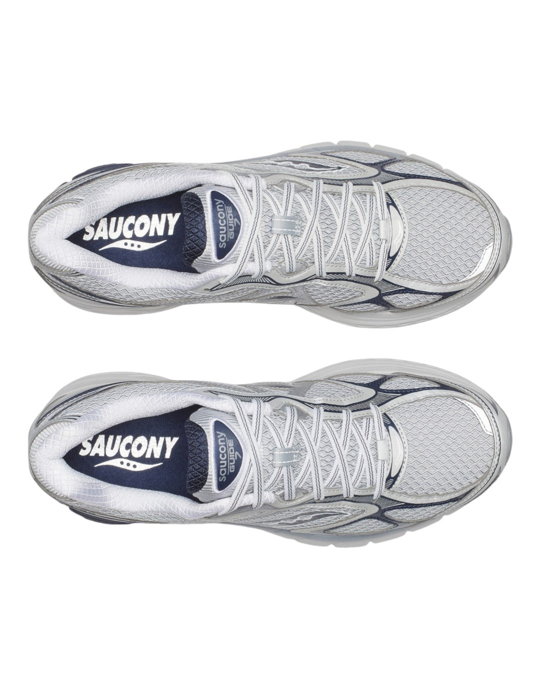 Detail van mesh en overlays op de Saucony ProGrid Guide 7 Oyster Navy