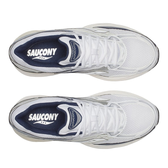 Detail van mesh en overlays op de Saucony ProGrid Omni 9 White Navy