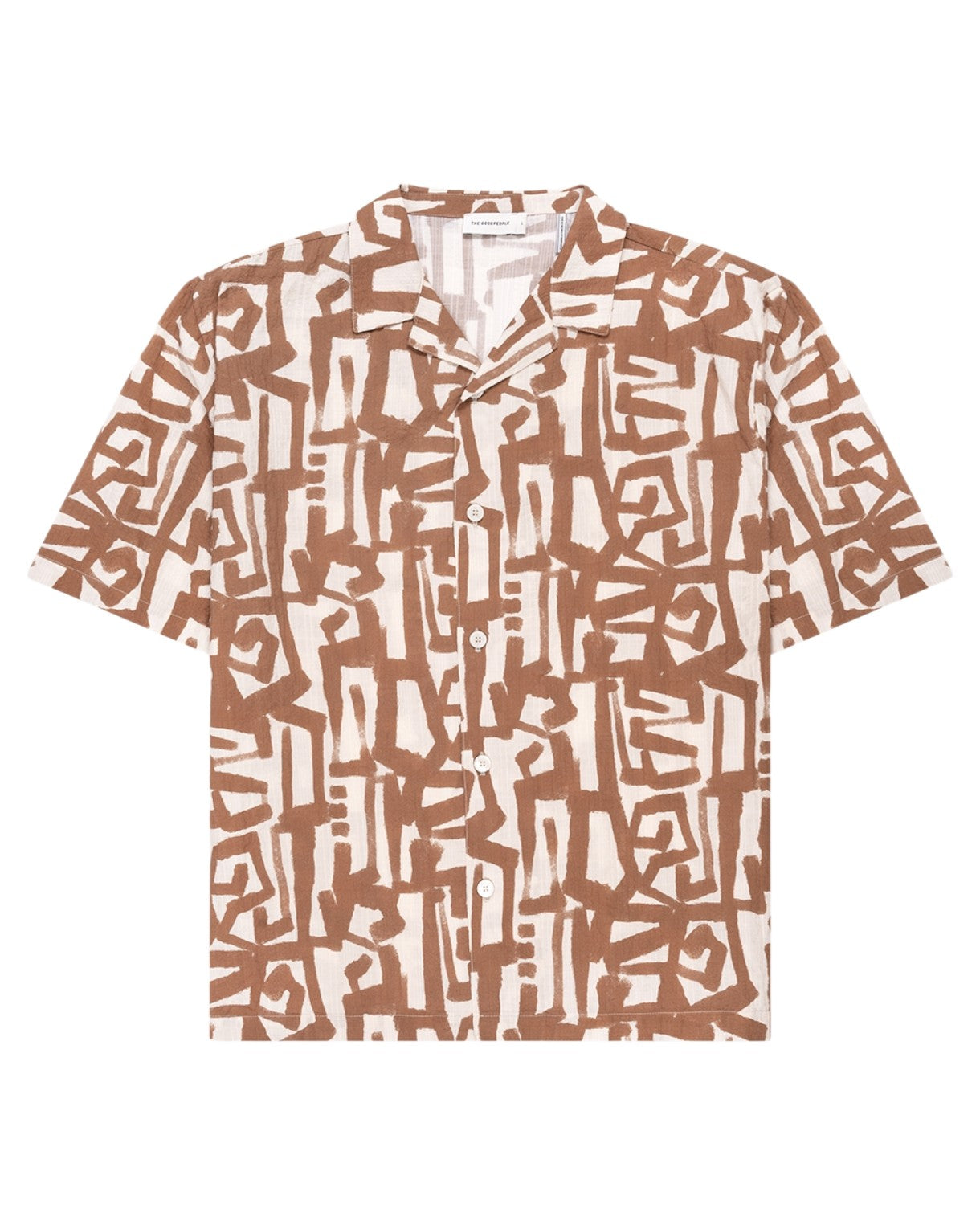 The GoodPeople Seven SS Bowlingshirt Beige Brown met woven texture bij Checkpoint Mol