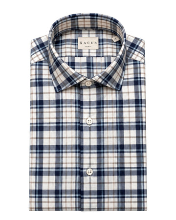 Xacus 748ML Tailor Fit Flannel Ruithemd Beige Blauw – gevouwen hemd met ruitdetail | Checkpoint Mol