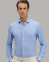 Stofdetail van Xacus Active Shirt met lichtblauwe linnenlook