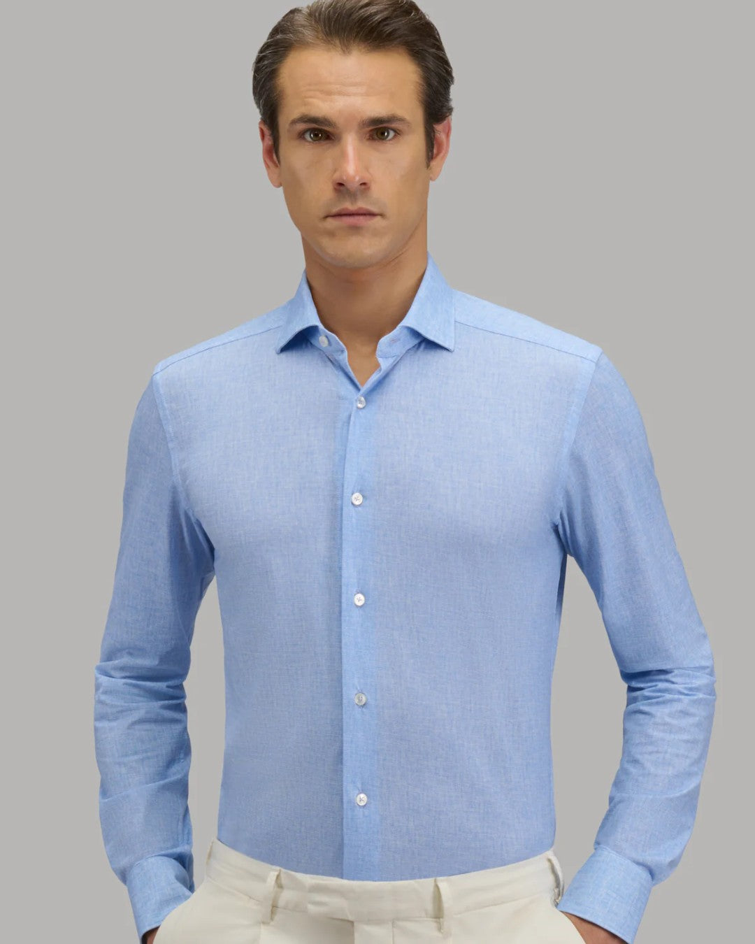 Stofdetail van Xacus Active Shirt met lichtblauwe linnenlook