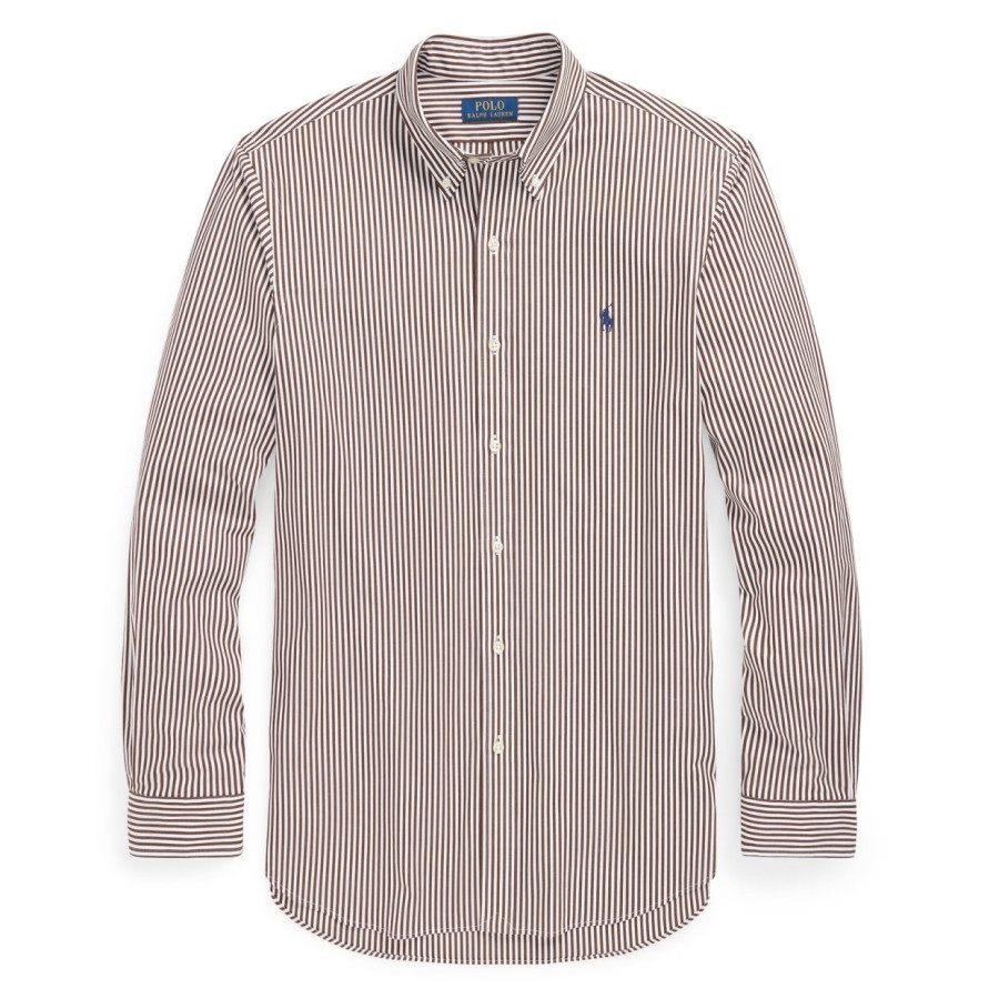 Striped Stretch Poplin Shirt | Slim Fit Brown/White Cotton