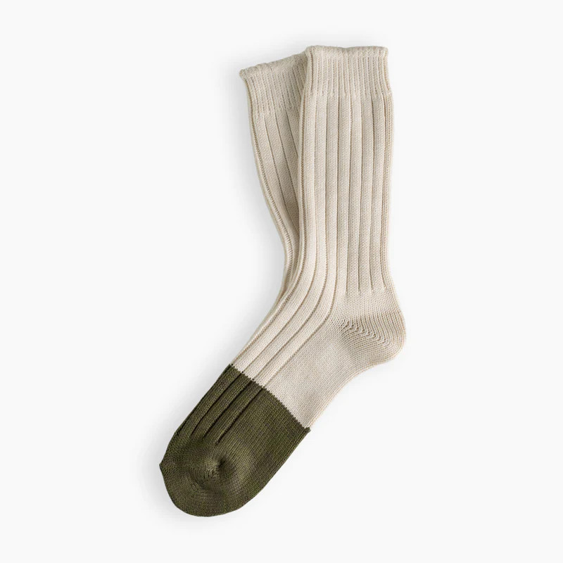Marine Collection Cotton Duplo Raw White & Olive Green Socks